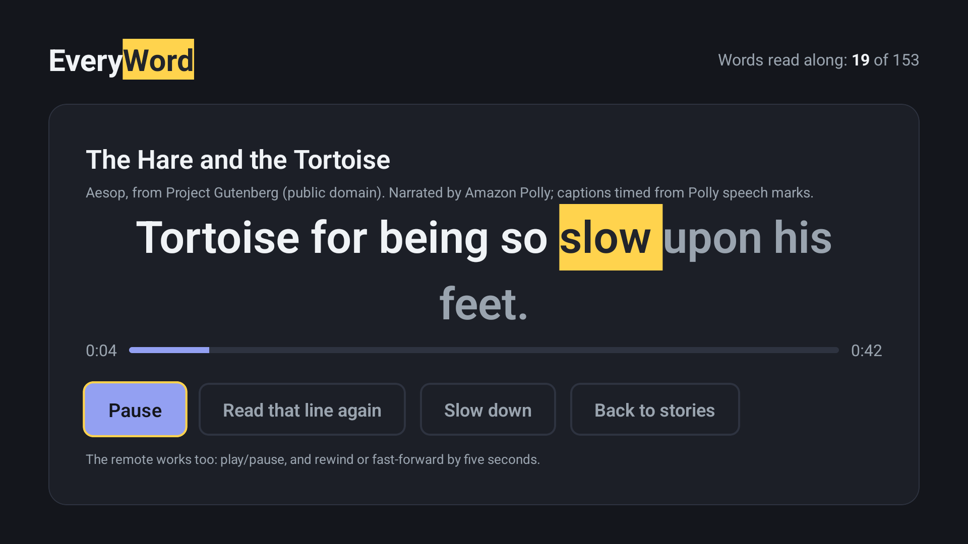 The EveryWord TV app mid-story. The word care is highlighted yellow as it is spoken, and the Read that line again button carries the D-pad focus ring.